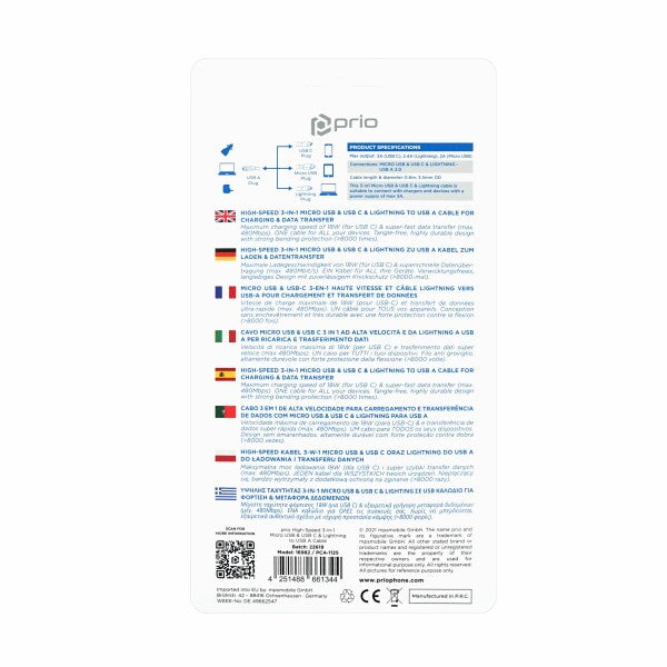 prio 3-i-1 Micro USB & USB C & Lightning til USB A-kabel 3A 0,6 m hvid