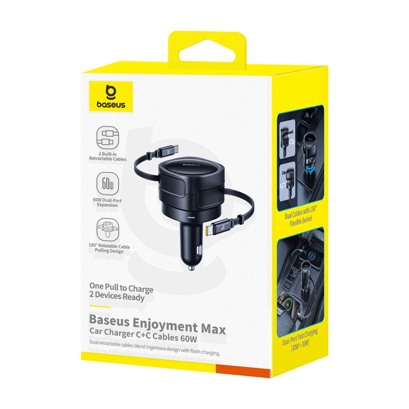 Baseus Enjoyment Max biloplader med USB-C + USB-C kabler 60W sort