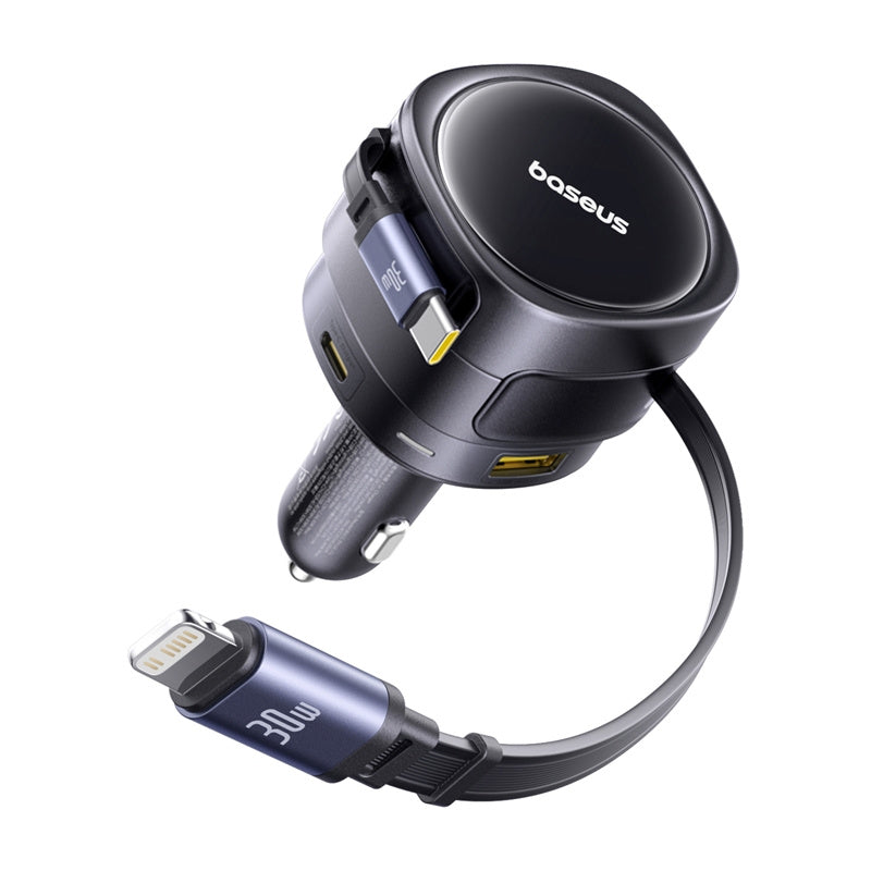 Baseus Enjoyment Max biloplader med USB-C+Lightning-kabler og USB-A+USB-C-porte 90W sort