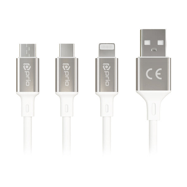 prio 3-i-1 Micro USB & USB C & Lightning til USB A-kabel 3A 0,6 m hvid
