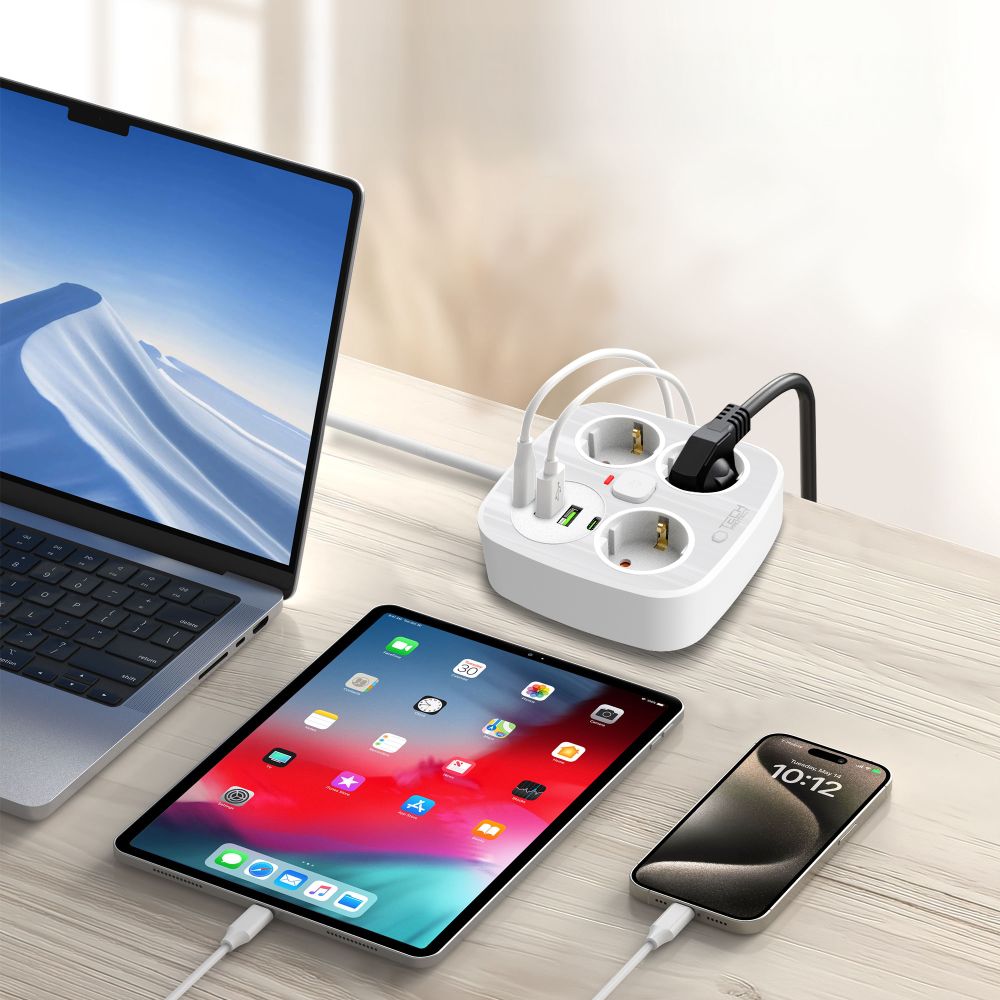 Tech Protect Pcs3 X4 Stødskinne 2 Usb & 2 Type C & 3 Stikkontakter 200 Cm Hvid