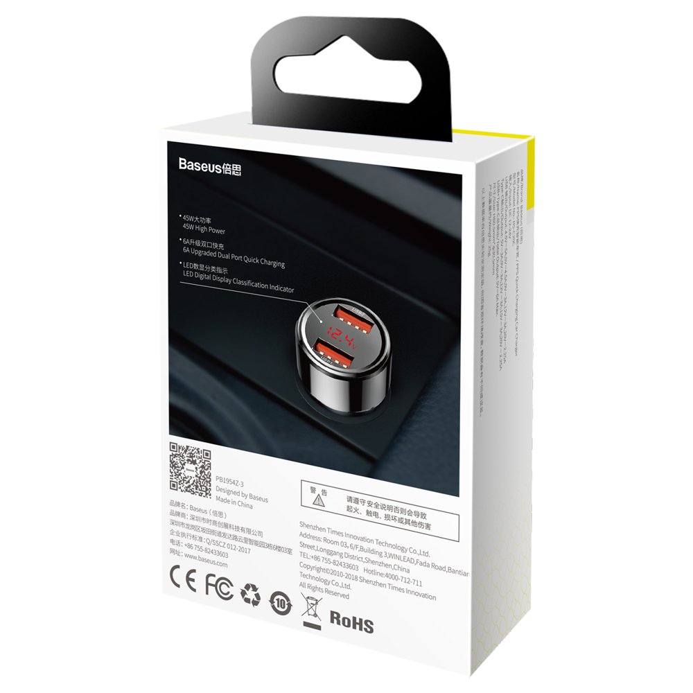 Baseus Magic Series Dual QC - Quick Charge 3.0 2x USB 45W 6A biloplader sort (CCMLC20A-01)