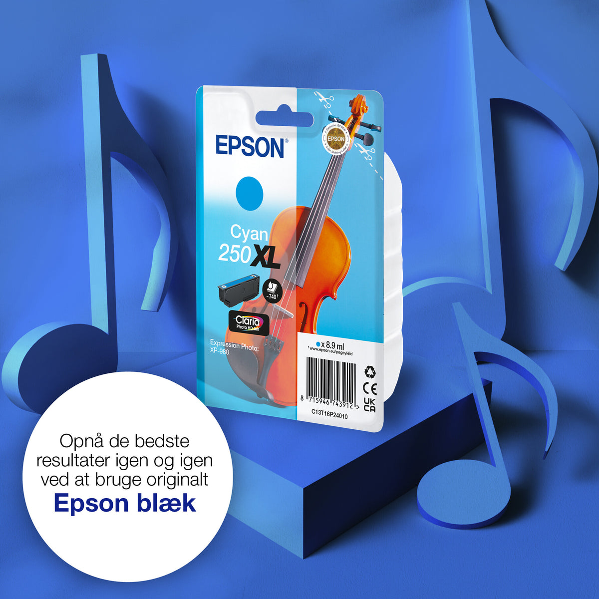 Epson Enkeltpakke, cyan 250XL Violin Claria Photo HD-blæk