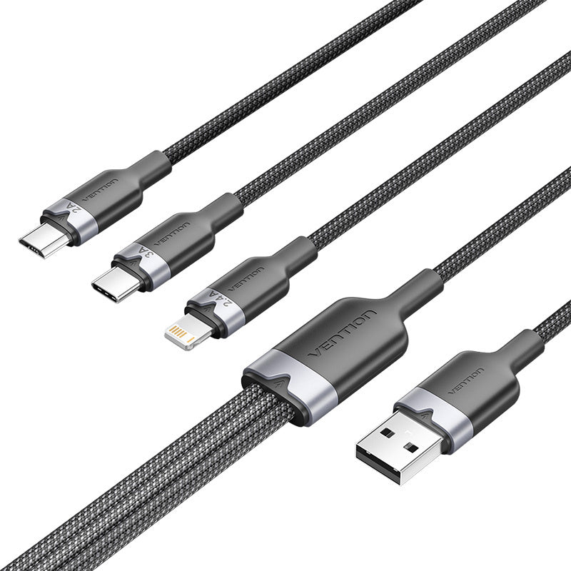 USB 2.0 A mandlig til 3-i-1 USB-C, Lightning og Micro-B mandlig kabel Vention 3A CTPBG 1,5m