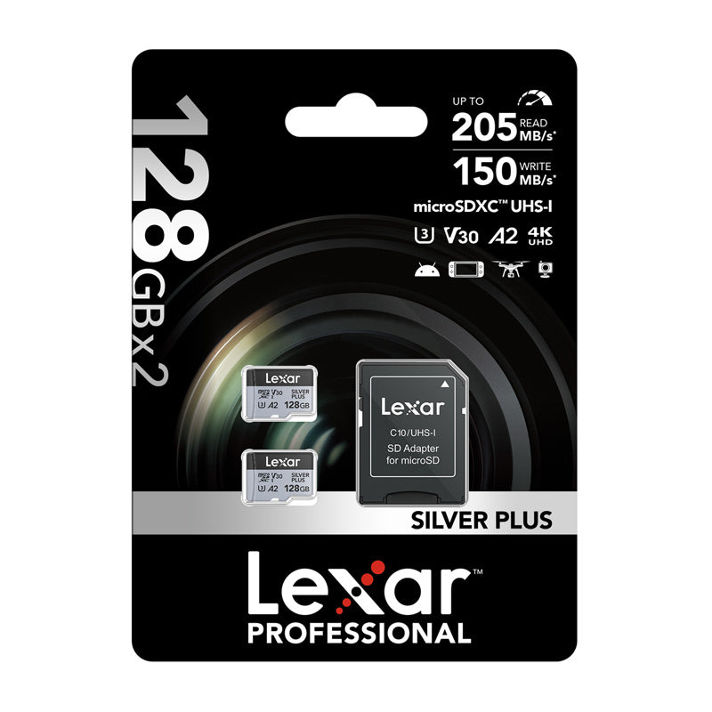 Sæt af 2 Lexar High-Performance Silver Plus microSDXC 2x128GB hukommelseskort + adapter