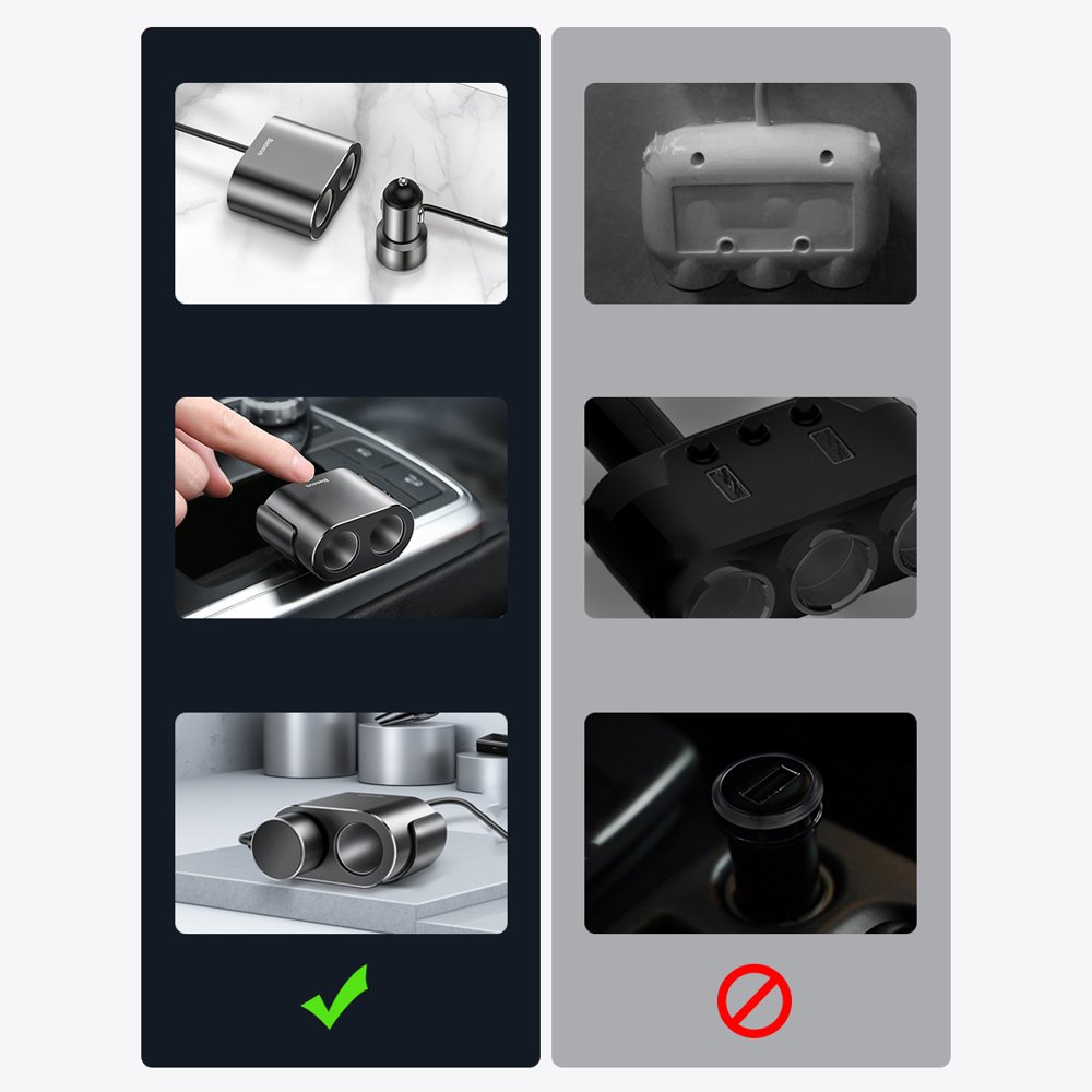 Baseus CRDYQ-01 splitter 2x cigarettelægger stikkontakt 80W 2x USB-A 3.1A - sort