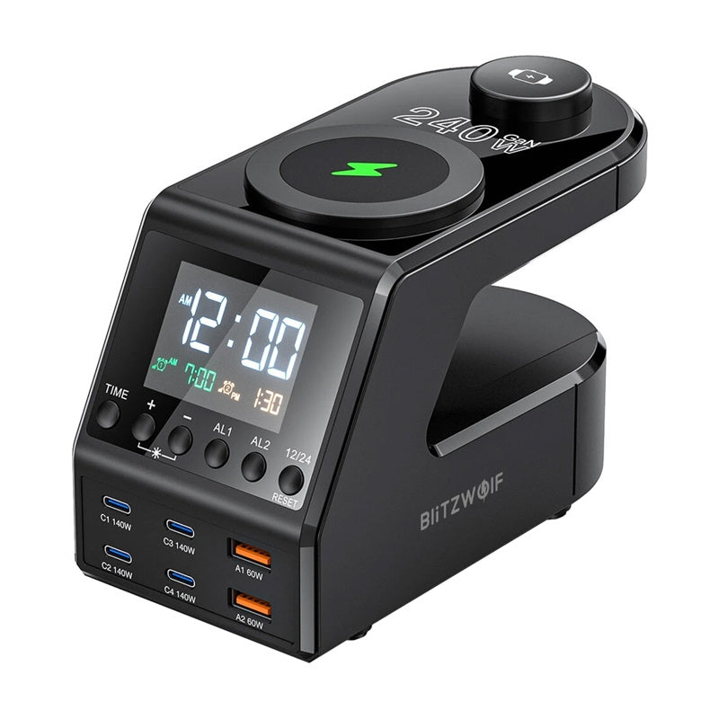 Blitzwolf BW-FW10 vækkeur med oplader 2xUSB-A, 4xUSB-C, 240W