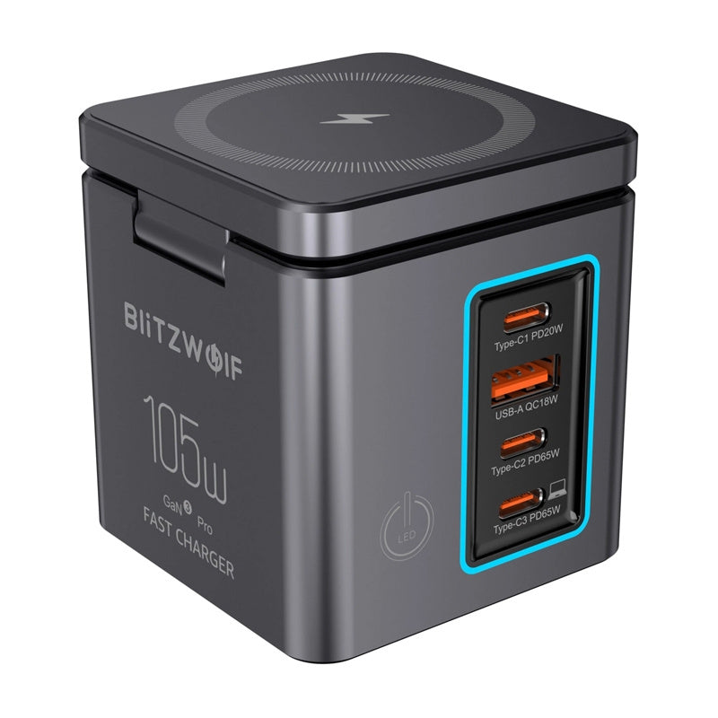 Blitzwolf BW-i113 GaN, USB-A, 3xUSB-C, 105W netoplader