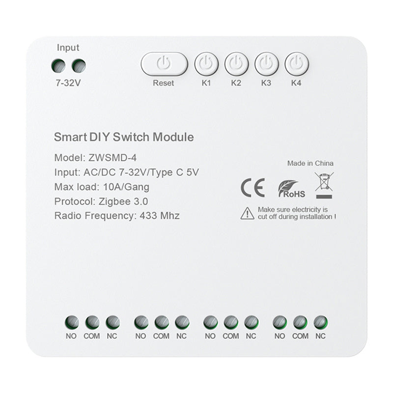 4-kanals ZigBee switch modul med spændingsfri DC 32V kontakt Avatto ZWSMMD-4-32V