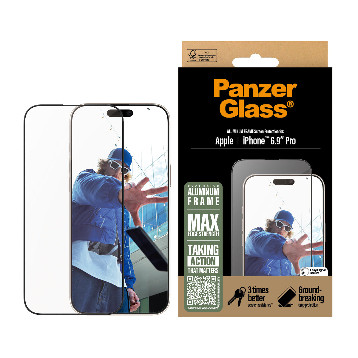 PanzerGlass ® Skærmbeskyttelse Aluminum Ramme iPhone 16 Pro Max| Ultra-Wide Fit