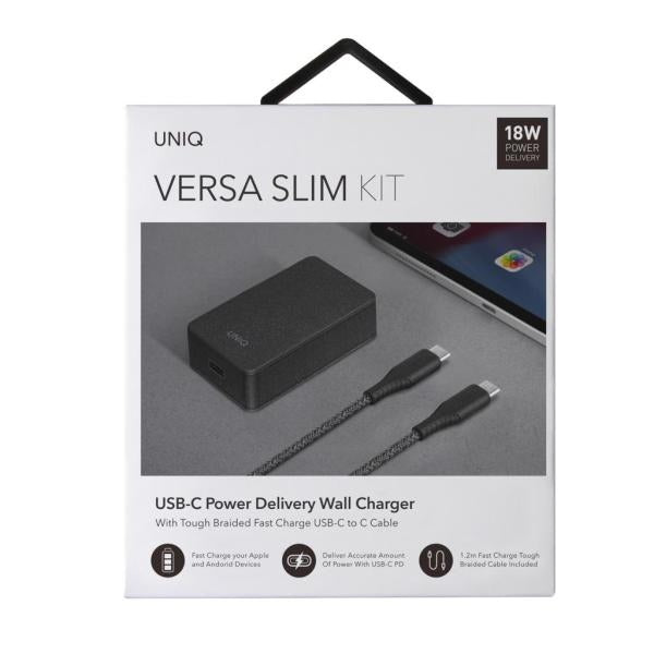 Uniq Versa Slim LITHOS kollektiv USB-C PD 18W vægoplader + USB-C / USB-C kabel - sort