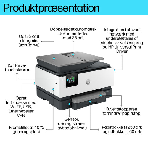 HP OfficeJet Pro 9120b Trådløst All-in-One Farve Printer, Tosidet print; Kopimaskine, scanner