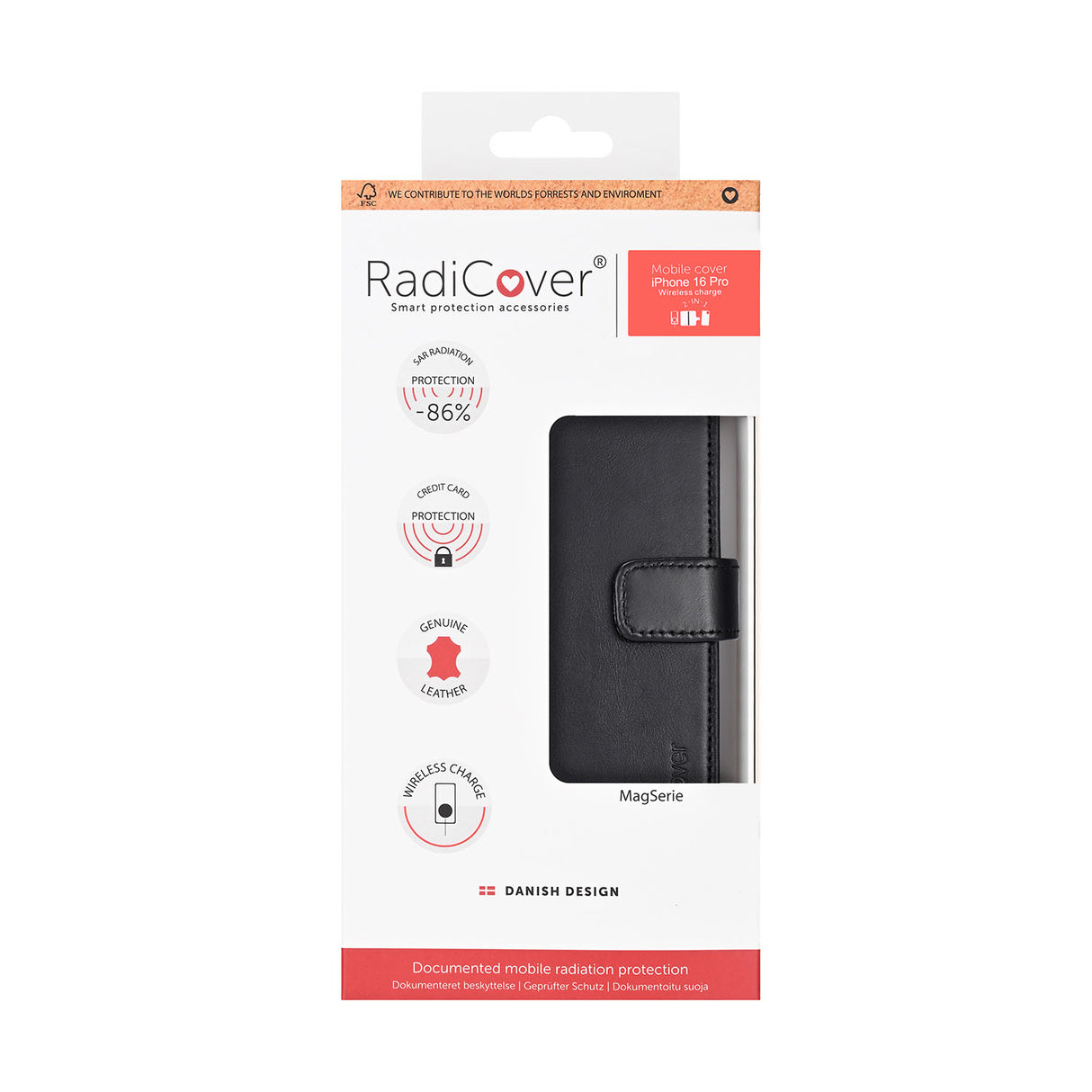 Radicover 2in1 Anti Radiation Rfid 3 Card Mag S I Phone 16 Pro Black Leather
