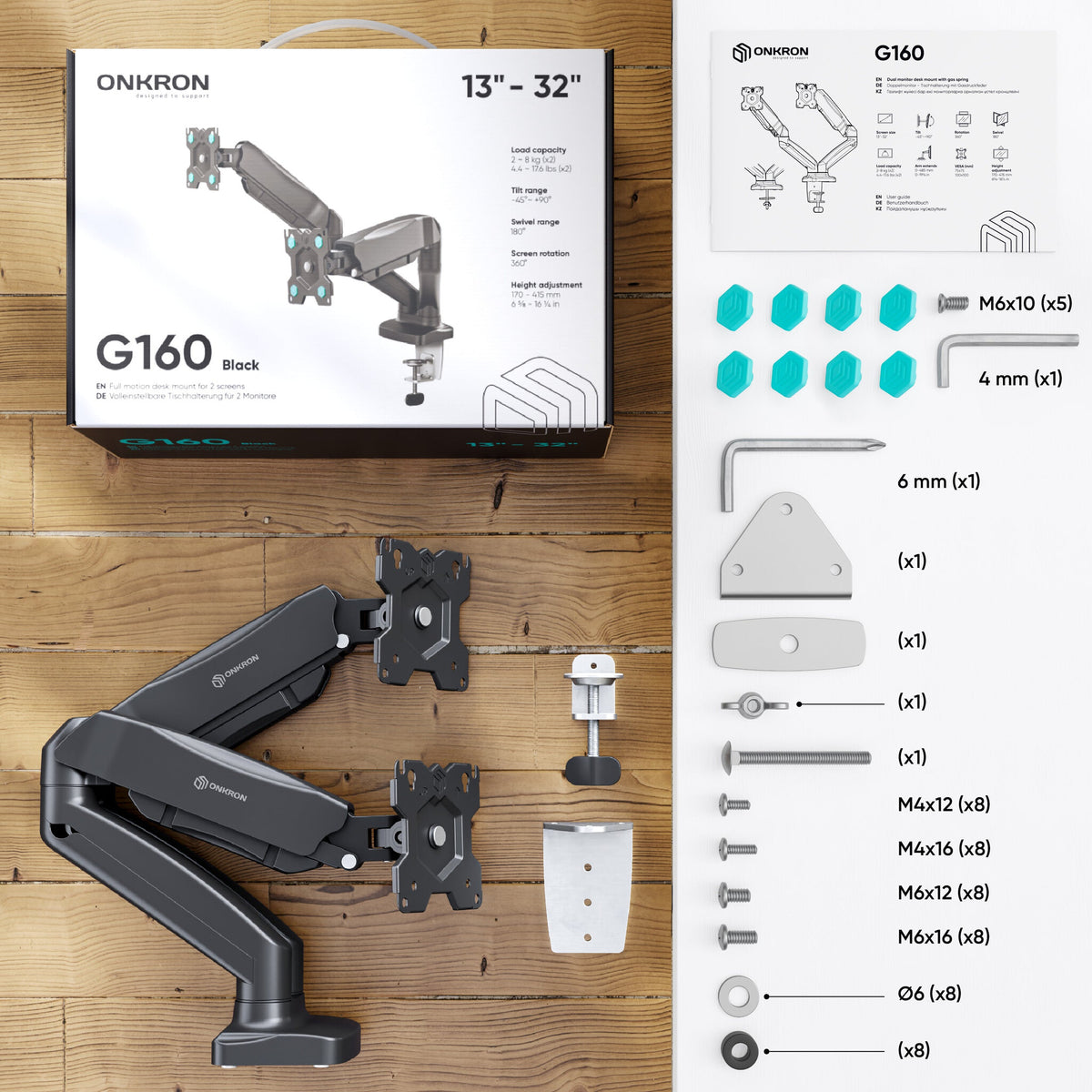 ONKRON G160-B monitor mount / stand 81.3 cm (32") Desk Black
