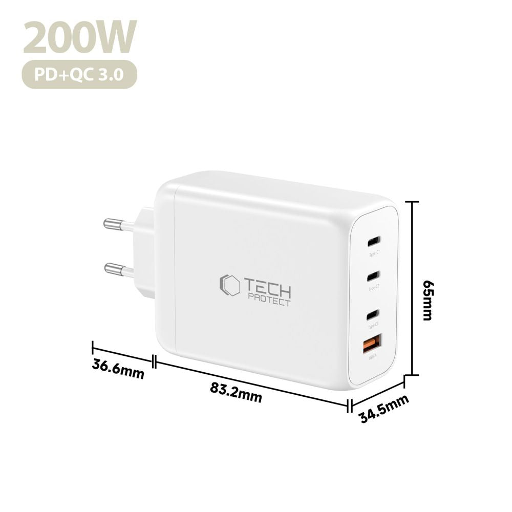 Tech Protect Nc200 W Gan 4 Port Netværksopladder Pd 200 W / Qc3.0 Hvid