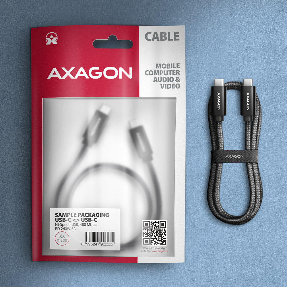 Axagon BUCM2-CM25AB Ladekabel USB-C zu USB-C 2.0, 2,5 m, PD 240 W 5 A, ALU - Schwarz - 2,5 Meter langes USB-C zu USB-C Kabel USB-kabel USB 2.0 USB C 0,48 Gbit/sek. Sort