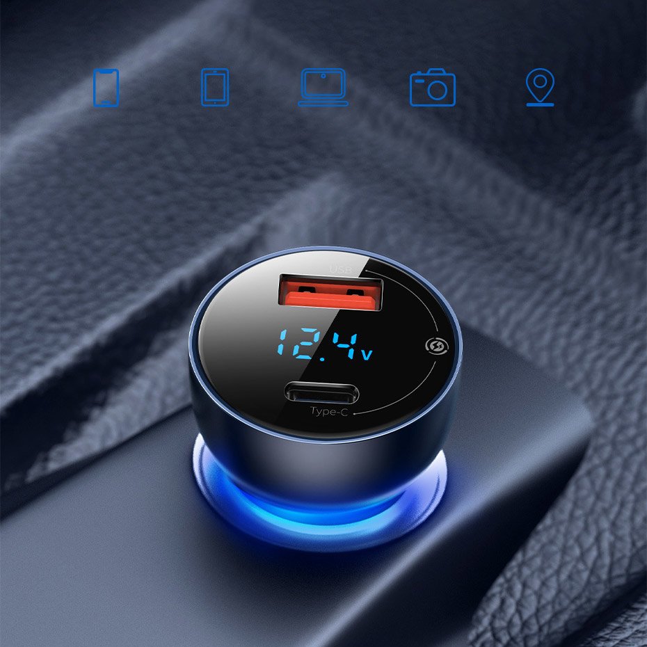 Baseus USB / USB Type C car charger 65 W 5 A SCP Quick Charge 4.0+ Power Delivery 3.0 LCD screen gray (CCKX-C0G)