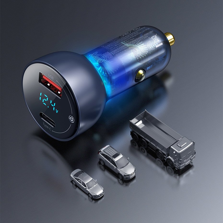Baseus USB / USB Type C car charger 65 W 5 A SCP Quick Charge 4.0+ Power Delivery 3.0 LCD screen gray (CCKX-C0G)