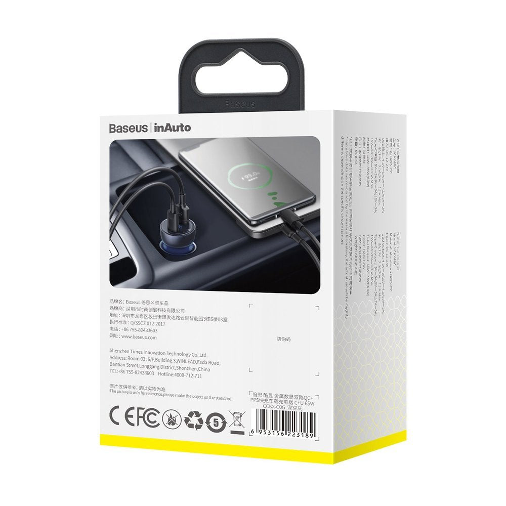Baseus USB / USB Type C car charger 65 W 5 A SCP Quick Charge 4.0+ Power Delivery 3.0 LCD screen gray (CCKX-C0G)