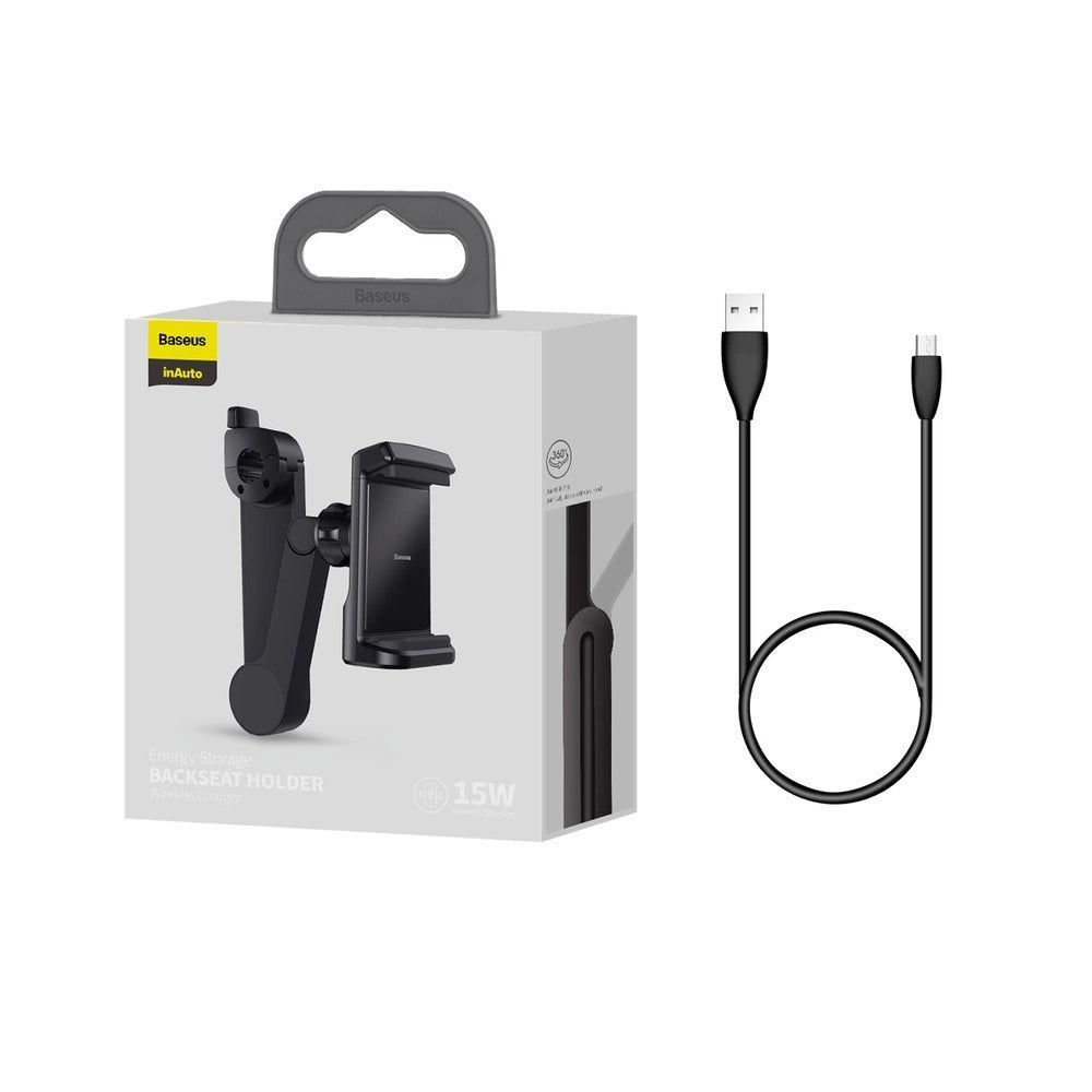 Baseus bil hovedstøtte telefon holder med indbygget 15 W Qi trådløs oplader sort (WXHZ-01)