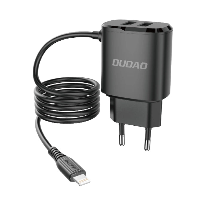 Dudao oplader 2x USB med indbygget 12W Lightning kabel sort (A2ProL sort)