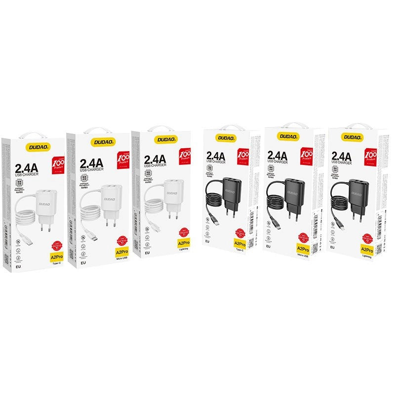 Dudao oplader 2x USB med indbygget 12W Lightning kabel sort (A2ProL sort)