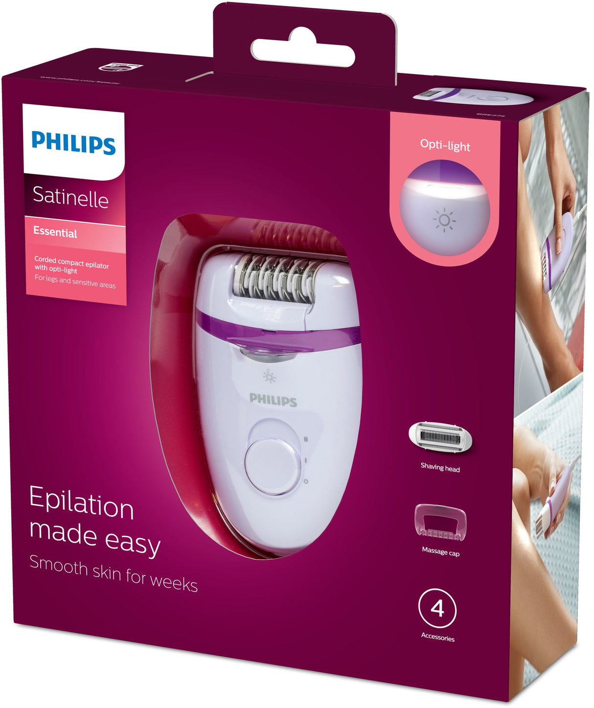Philips Satinelle Essential Med Opti-light til benene, Kompakt epilator med ledning