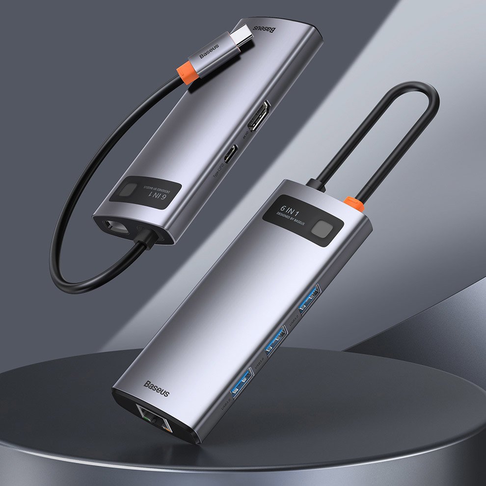 Baseus Metal Gleam 6-in-1 USB-C - USB-C PD 100W HUB 1x HDMI 4K 30Hz 3x USB-A 3.2 1x RJ45 - gray