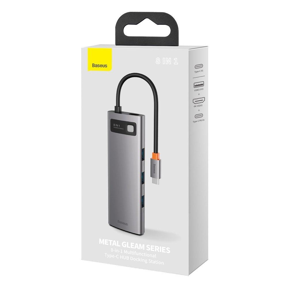 Baseus Metal Gleam 8in1 USB-C - USB-C PD 100W HUB 1x HDMI 4K 30Hz 1x SD og microSD kortlæser 3x USB-A 3.2 1xRJ45 - grå
