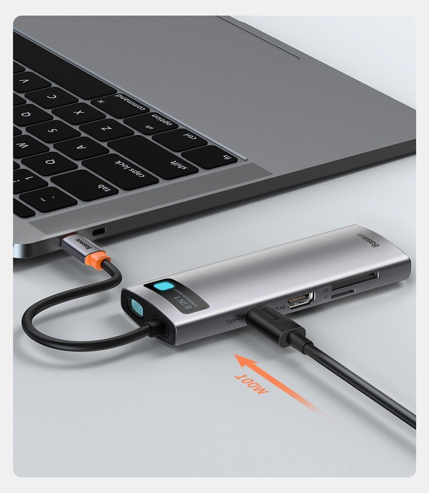 Baseus Metal Gleam 8in1 USB-C - USB-C PD 100W HUB 1x HDMI 4K 30Hz 1x SD og microSD kortlæser 3x USB-A 3.2 1xRJ45 - grå