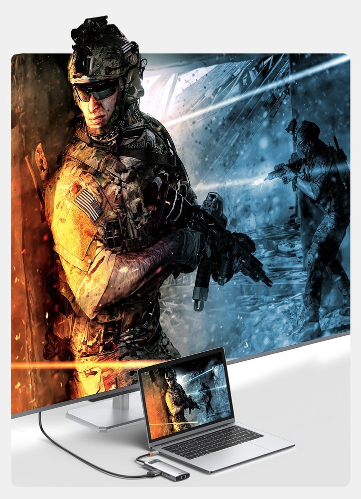 Baseus Metal Gleam 8in1 USB-C - USB-C PD 100W HUB 1x HDMI 4K 30Hz 1x SD og microSD kortlæser 3x USB-A 3.2 1xRJ45 - grå