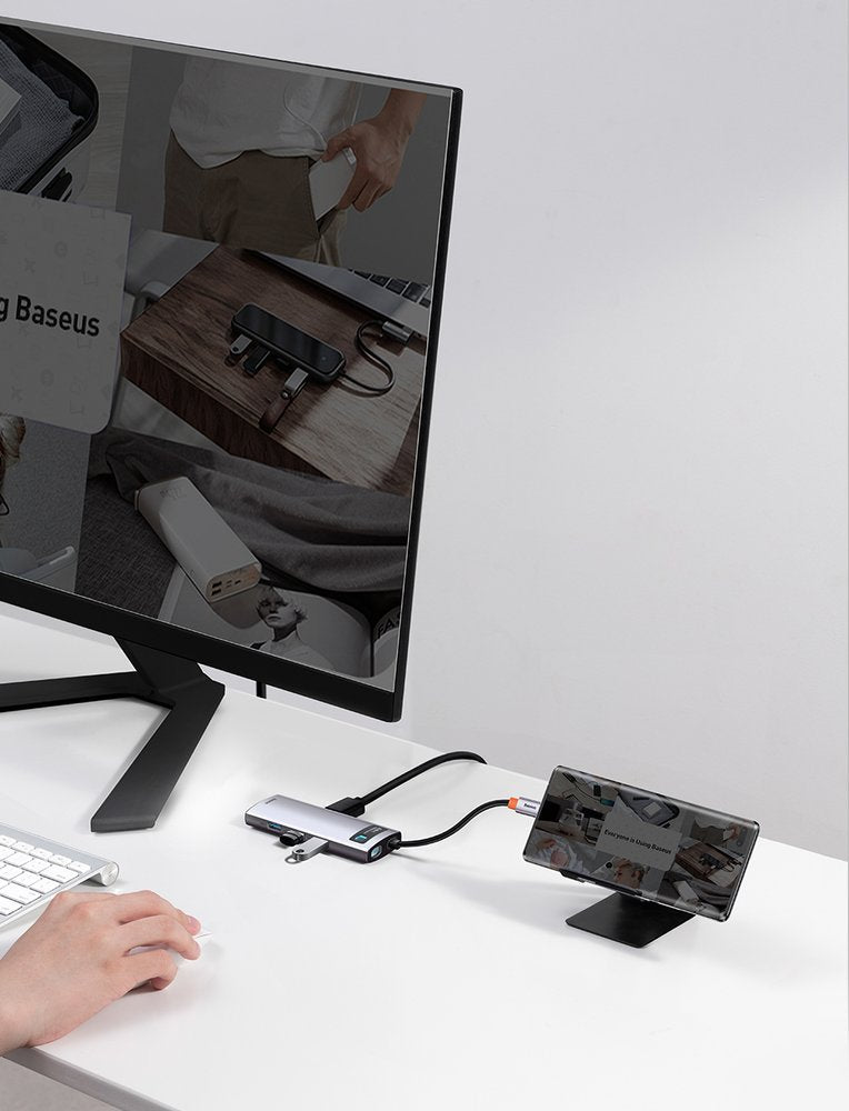 Baseus Metal Gleam 8in1 USB-C Hub - USB-C PD 100W 1x HDMI 4K 30Hz 1x SD and microSD card reader 3x USB-A 3.2 1xRJ45 - gray