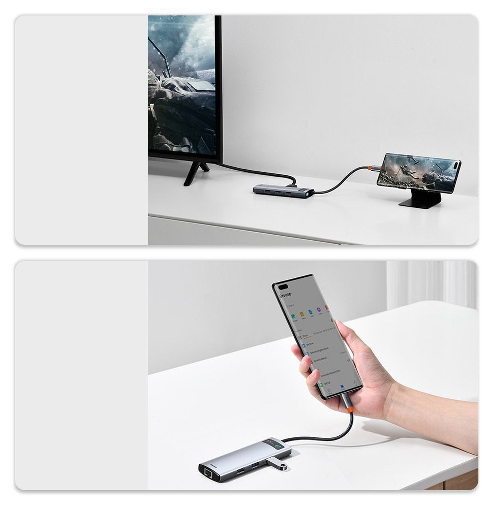 Baseus Metal Gleam 8in1 USB-C Hub - USB-C PD 100W 1x HDMI 4K 30Hz 1x SD and microSD card reader 3x USB-A 3.2 1xRJ45 - gray