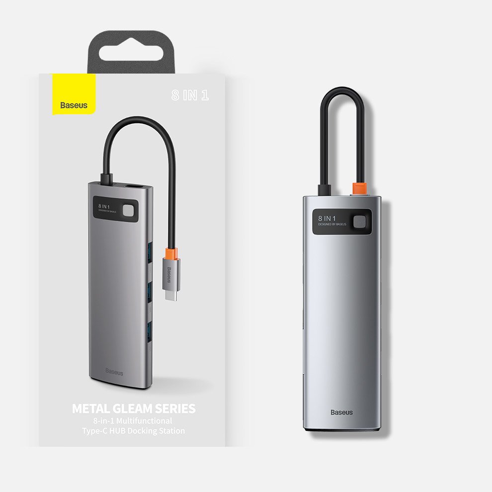 Baseus Metal Gleam 8in1 USB-C Hub - USB-C PD 100W 1x HDMI 4K 30Hz 1x SD and microSD card reader 3x USB-A 3.2 1xRJ45 - gray