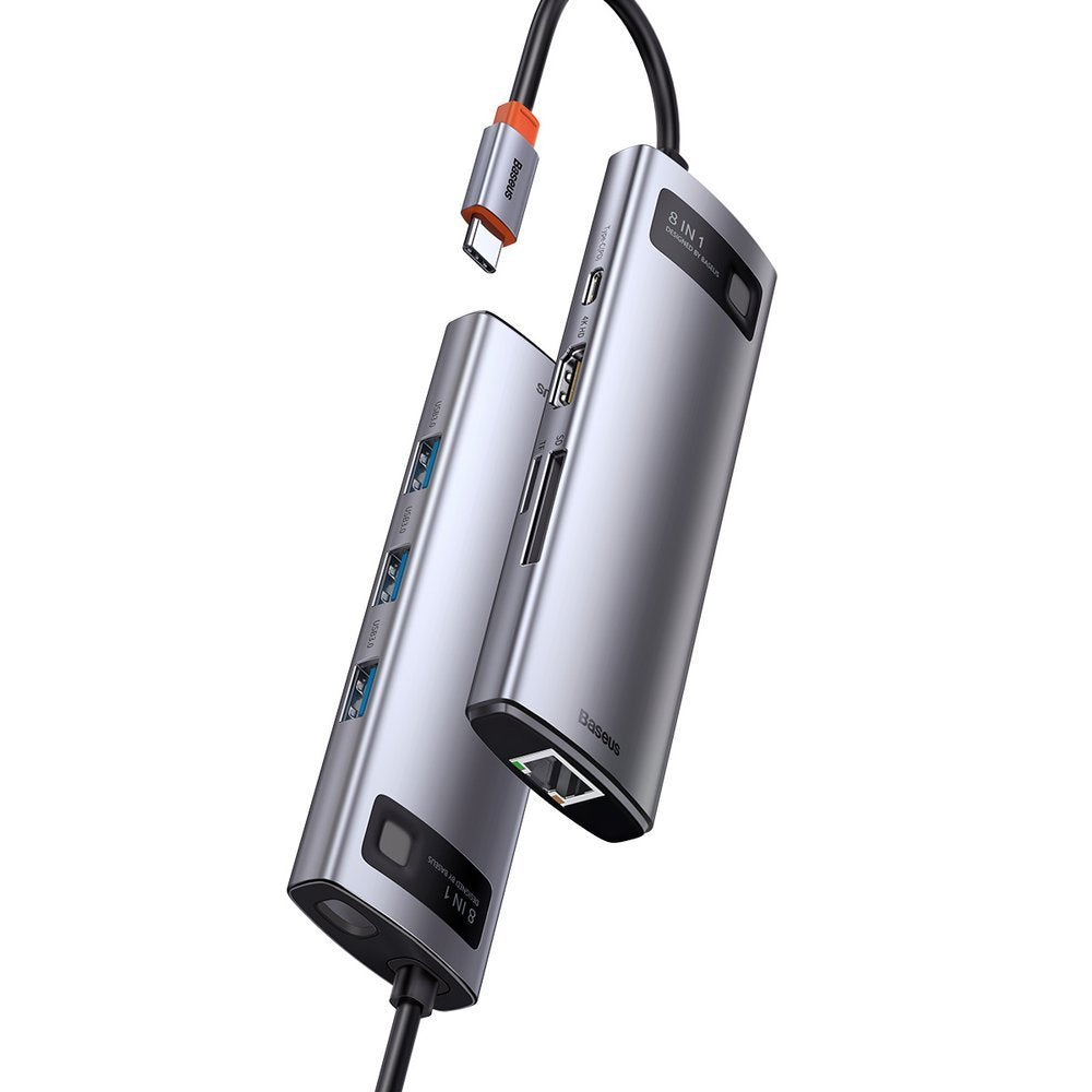 Baseus Metal Gleam 8in1 USB-C Hub - USB-C PD 100W 1x HDMI 4K 30Hz 1x SD and microSD card reader 3x USB-A 3.2 1xRJ45 - gray