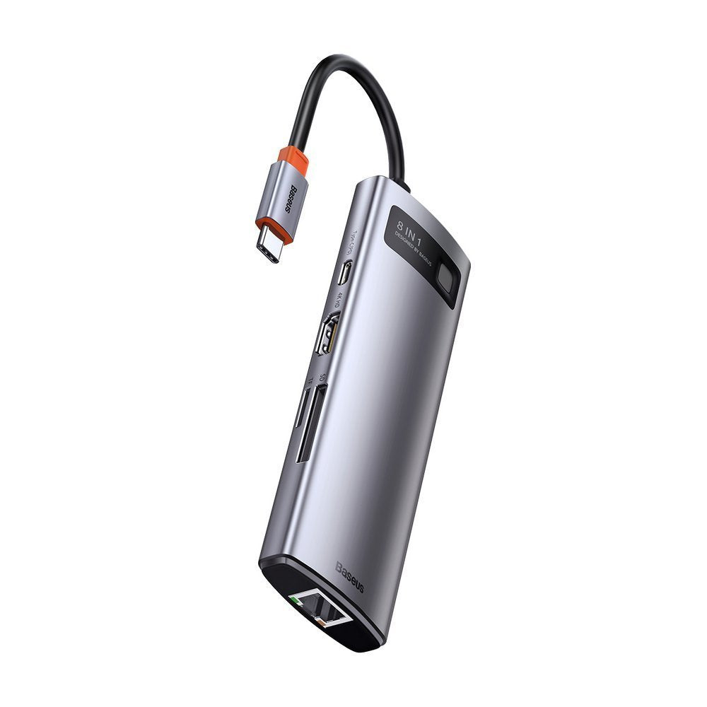 Baseus Metal Gleam 8in1 USB-C - USB-C PD 100W HUB 1x HDMI 4K 30Hz 1x SD og microSD kortlæser 3x USB-A 3.2 1xRJ45 - grå