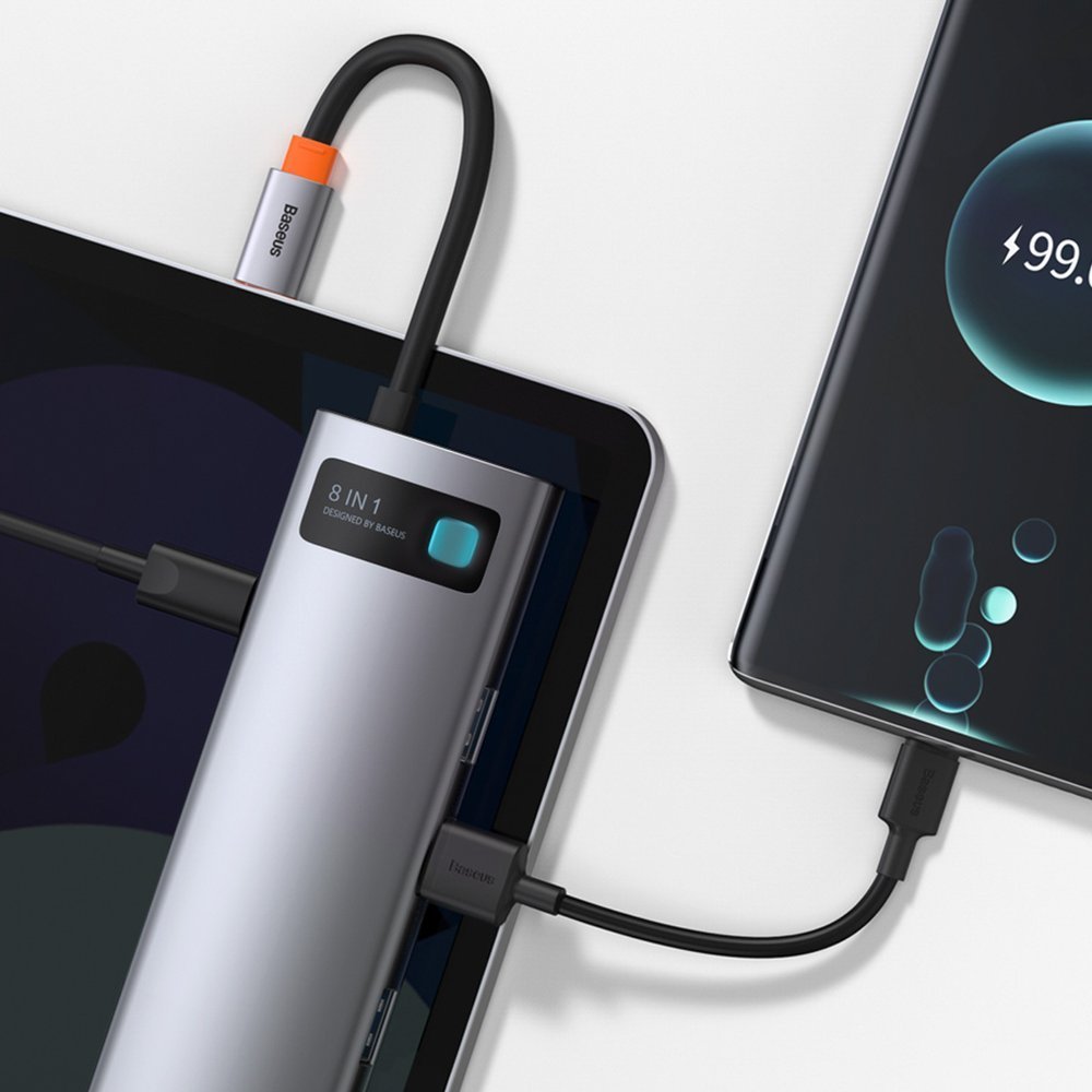 Baseus Metal Gleam 8in1 USB-C Hub - USB-C PD 100W 1x HDMI 4K 30Hz 1x SD and microSD card reader 3x USB-A 3.2 1xRJ45 - gray