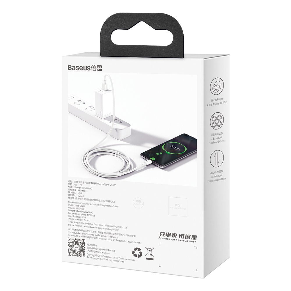 Baseus Superior USB-kabel - USB-type C 66 W 6A 1 m Hvid (CATYS-02)
