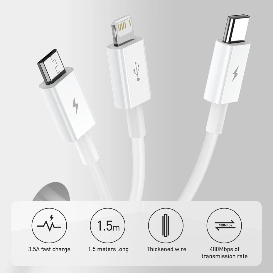 Baseus Superior 3in1 USB-kabel - Lightning / USB Type C / micro USB 3.5 A 1,5 m blå (CAMLTYS-03)