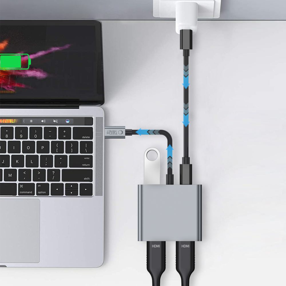 Tech Protect Hb08 Hub Adapter 4 I 1 Type C + Usb 2.0 + 2 X Hdmi 4 K 60 Hz Spacegrå