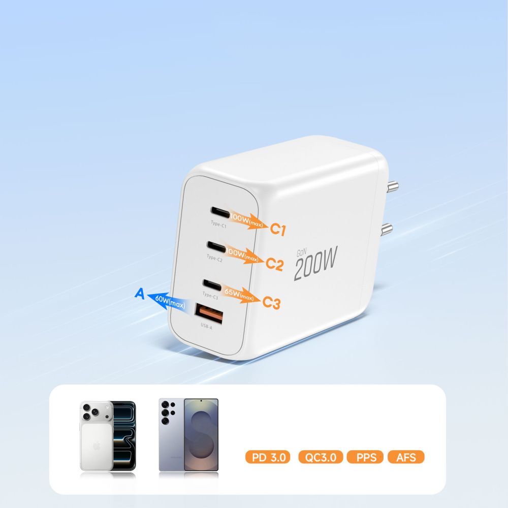 Tech Protect Nc200 W Gan 4 Port Netværksopladder Pd 200 W / Qc3.0 Hvid