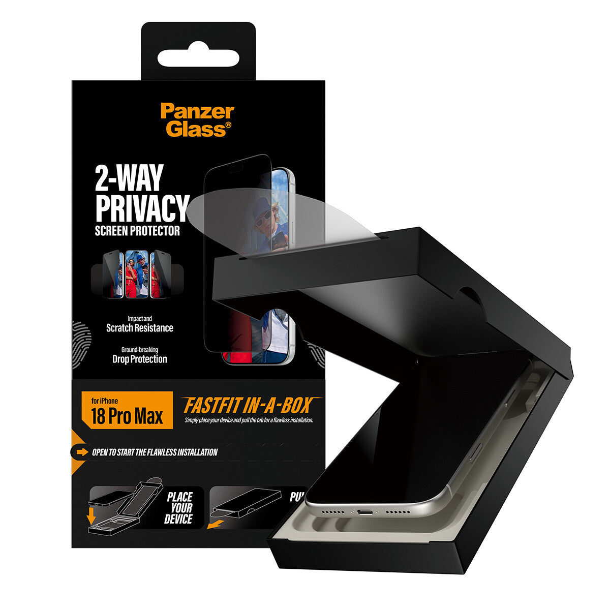 PanzerGlass ® 2-Way Privacy Skærmbeskyttelse iPhone 18 Pro Max | Ultra-Wide Fit m. FASTFIT IN-A-BOX