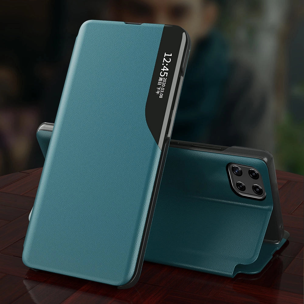 Eco læder View Case elegant bogreol type sag med kickstand til Samsung Galaxy A22 4G blå
