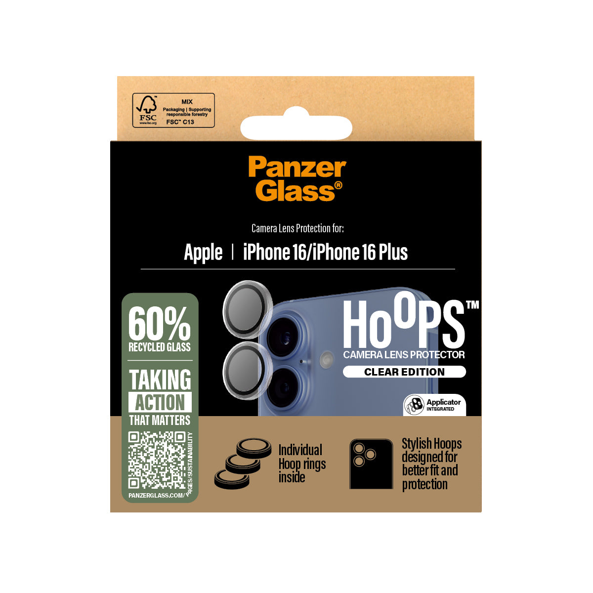 PanzerGlass ® Hoops® Transparent Kameralinsebeskytter iPhone 16 | 16 Plus