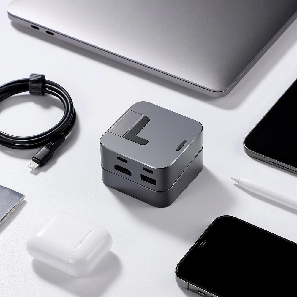 Joy Hubroom S-H121 USB-C stand - USB-A 3.0 / RJ45 / HDMI / USB-C / Thunderbolt til MacBook Pro - grå