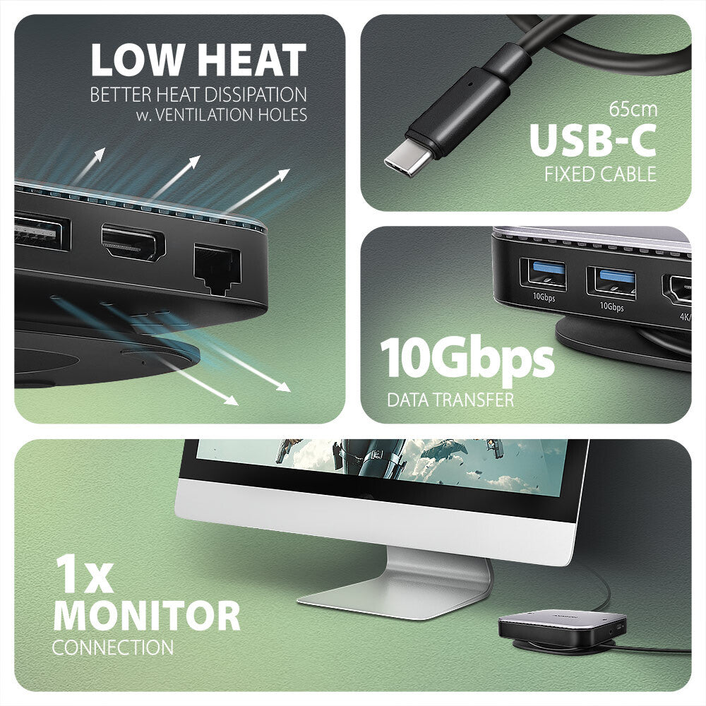 Axagon HMC-UFO USB-C Hub M.2 SATA/NVMe 1 Gbit/s Ethernet 384 kHz Audio Ledningsført USB 3.2 Gen 2 (3.1 Gen 2) Type-C Sort