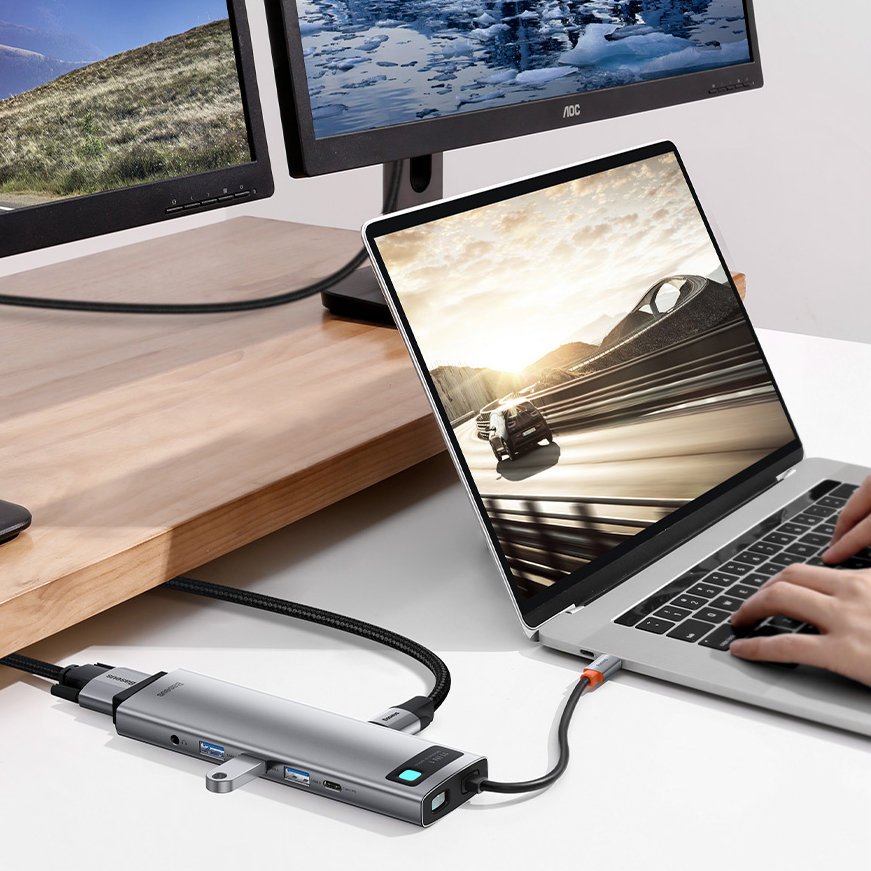 Baseus Metal Gleam 11in1 multifunctional USB Type C HUB - 3x USB 3.2 Gen 1 5Gbps / USB Type C PD 100W / 3.5 mm mini jack AUX / VGA Full HD 60Hz / 2x HDMI 4K 30Hz / TF and SD card reader / RJ45 1Gbps gray (CAHUB-CT0G)