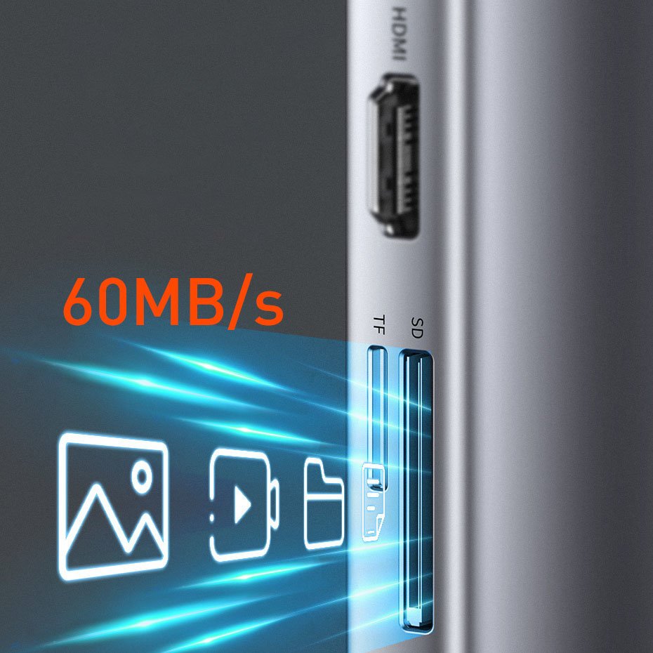 Baseus Metal Gleam 11in1 multifunctional USB Type C HUB - 3x USB 3.2 Gen 1 5Gbps / USB Type C PD 100W / 3.5 mm mini jack AUX / VGA Full HD 60Hz / 2x HDMI 4K 30Hz / TF and SD card reader / RJ45 1Gbps gray (CAHUB-CT0G)