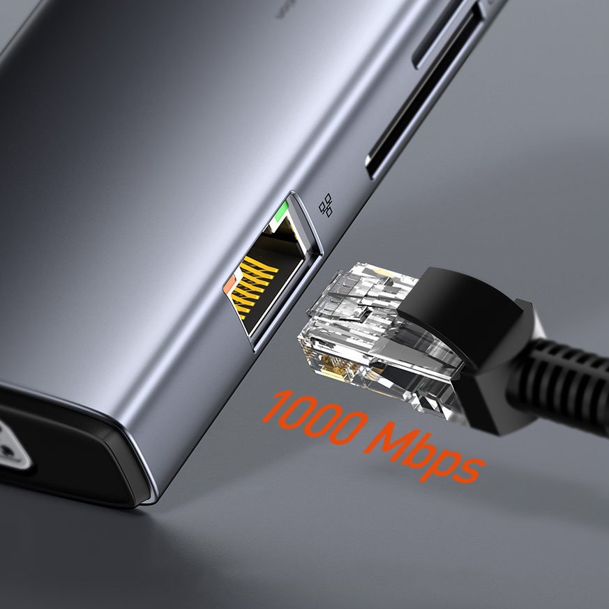 Baseus Metal Gleam 11in1 multifunctional USB Type C HUB - 3x USB 3.2 Gen 1 5Gbps / USB Type C PD 100W / 3.5 mm mini jack AUX / VGA Full HD 60Hz / 2x HDMI 4K 30Hz / TF and SD card reader / RJ45 1Gbps gray (CAHUB-CT0G)