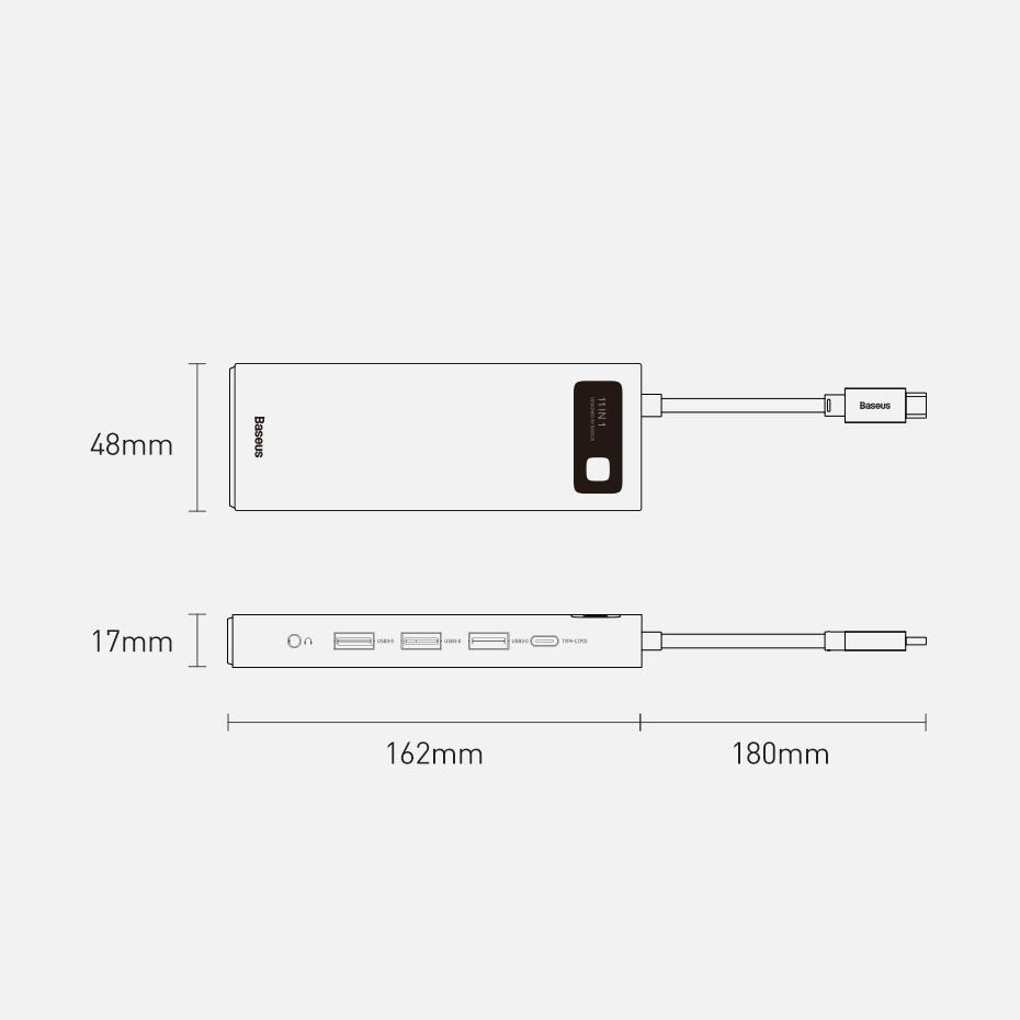 Baseus Metal Gleam 11in1 multifunctional USB Type C HUB - 3x USB 3.2 Gen 1 5Gbps / USB Type C PD 100W / 3.5 mm mini jack AUX / VGA Full HD 60Hz / 2x HDMI 4K 30Hz / TF and SD card reader / RJ45 1Gbps gray (CAHUB-CT0G)
